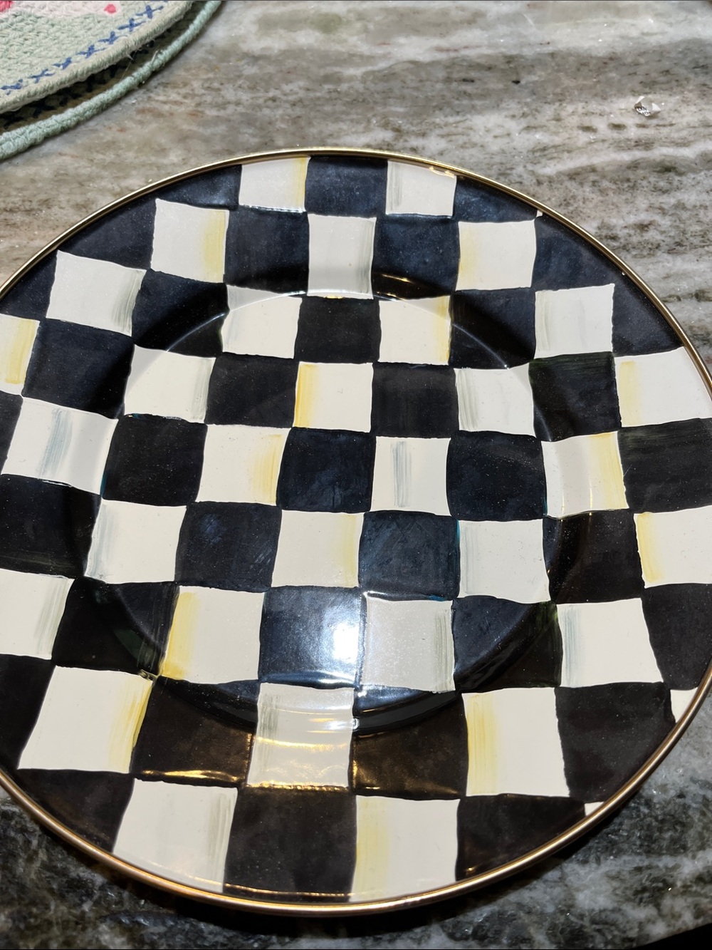 MacKenzie-Childs Black and Cream Checkered Ceramic Plate with Gold Rim